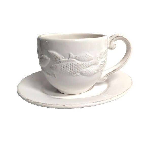 burton+Burton Mariner Bay Ceramic Teacup & Saucer Gift Set Fish Rustic Boxed - Picture 3 of 9